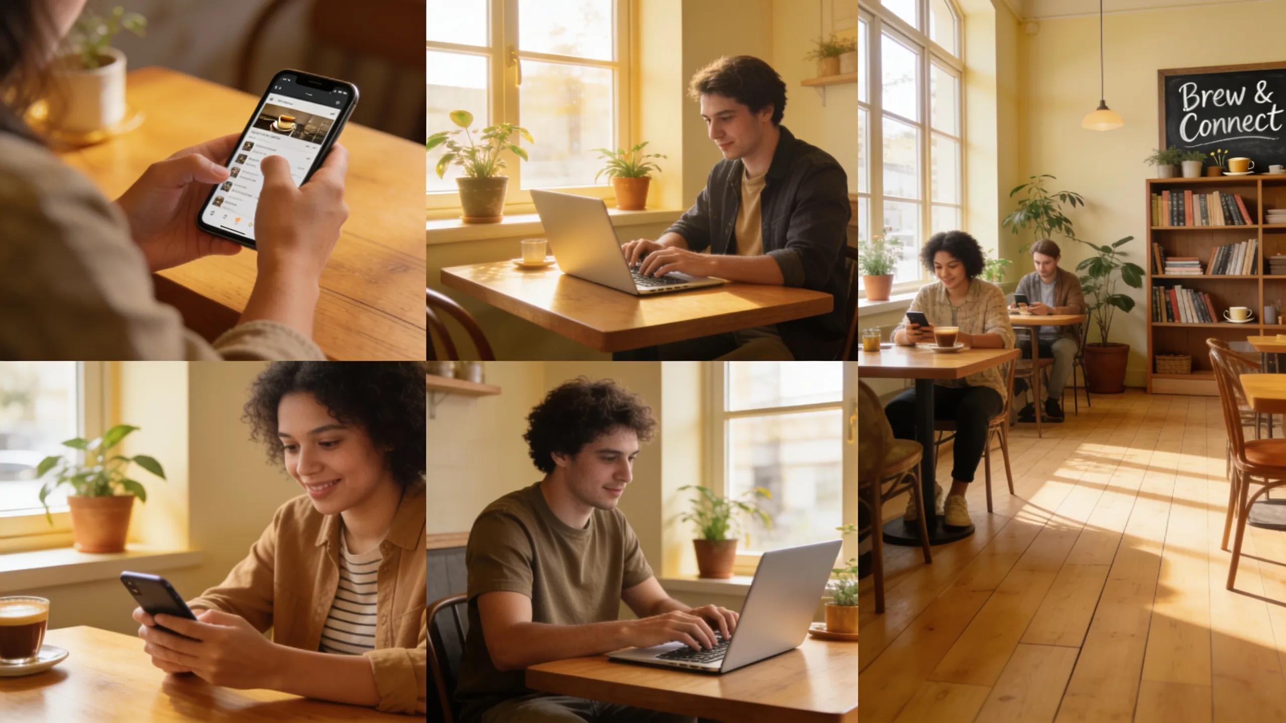 Engaged customers interacting with smartphones and tablets in a vibrant café setting, demonstrating positive user engagement through Answer Engine Optimization efforts