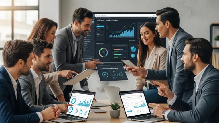 B2B marketers collaborating on AI-driven lead generation strategies in a modern office