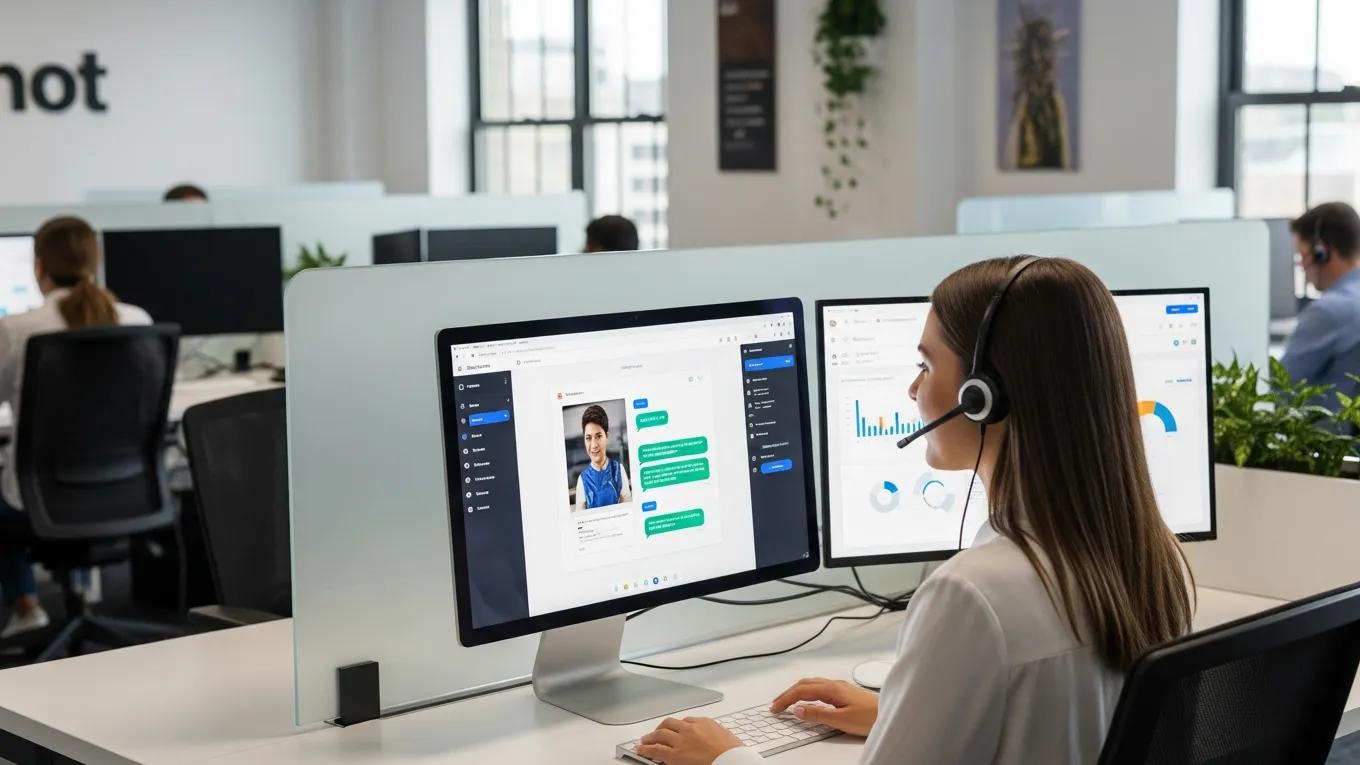 Customer service representative interacting with an AI chatbot interface — AI lead generation tools for small business