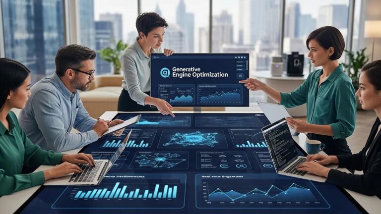 Diverse professionals collaborating on AI-driven brand strategies in a modern office setting