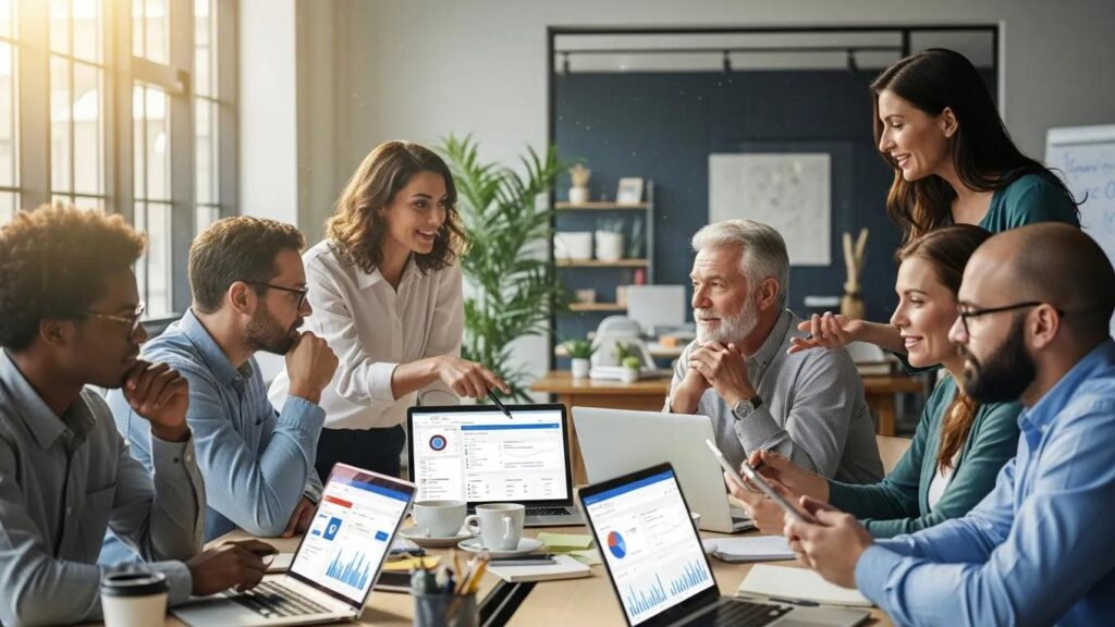 Diverse small business owners collaborating on AI lead generation tools and strategies in a modern office.