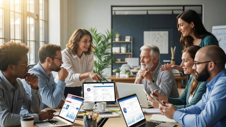 Diverse small business owners collaborating on AI lead generation tools in a modern office