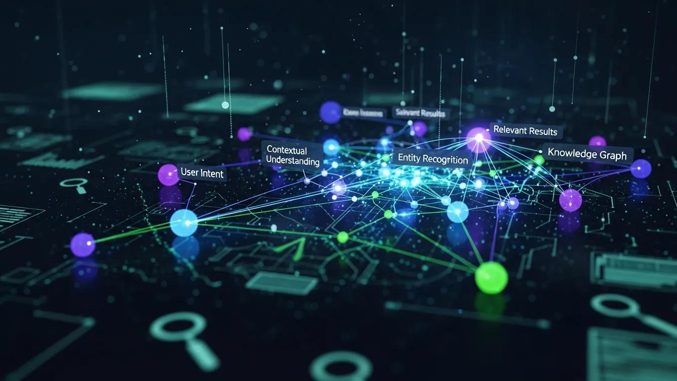 Illustration of semantic search with interconnected nodes representing user intent and context