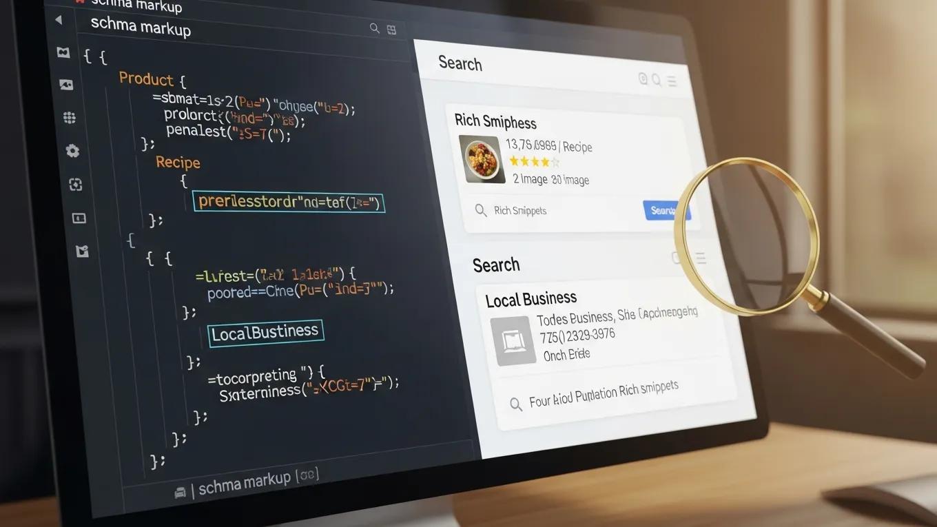 Illustration of structured data and schema markup with code snippets and search results