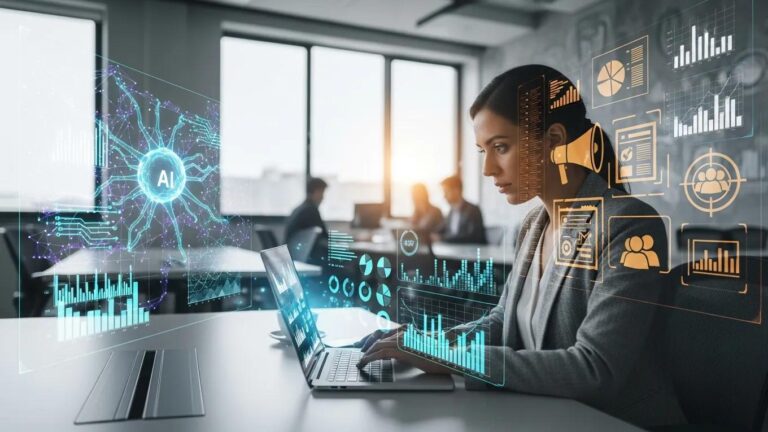 Marketing manager analyzing AI and traditional lead generation strategies in a modern office