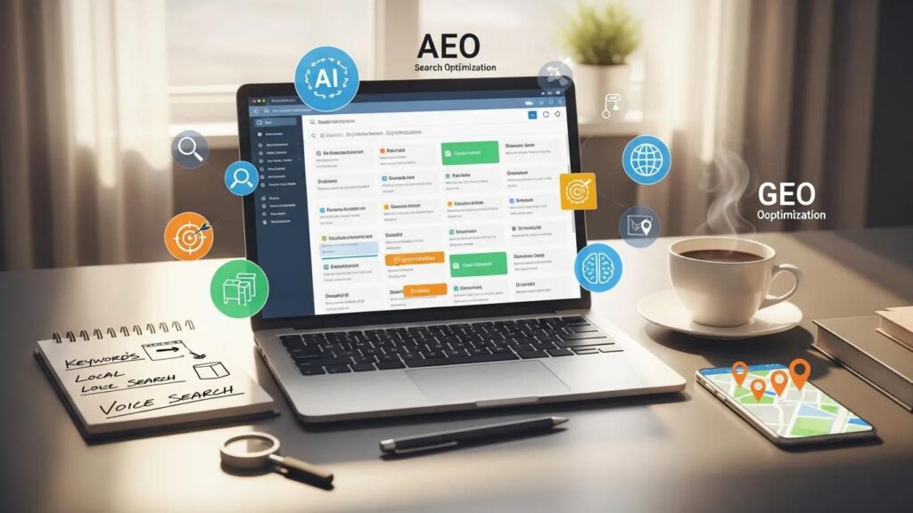 Laptop displaying SEO, AEO, and GEO digital marketing tools for AI search optimization.