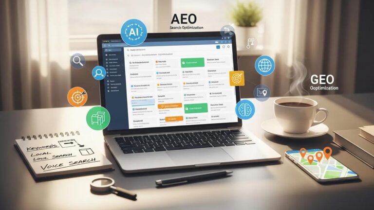 Modern workspace with laptop and digital marketing tools illustrating SEO, AEO, and GEO concepts
