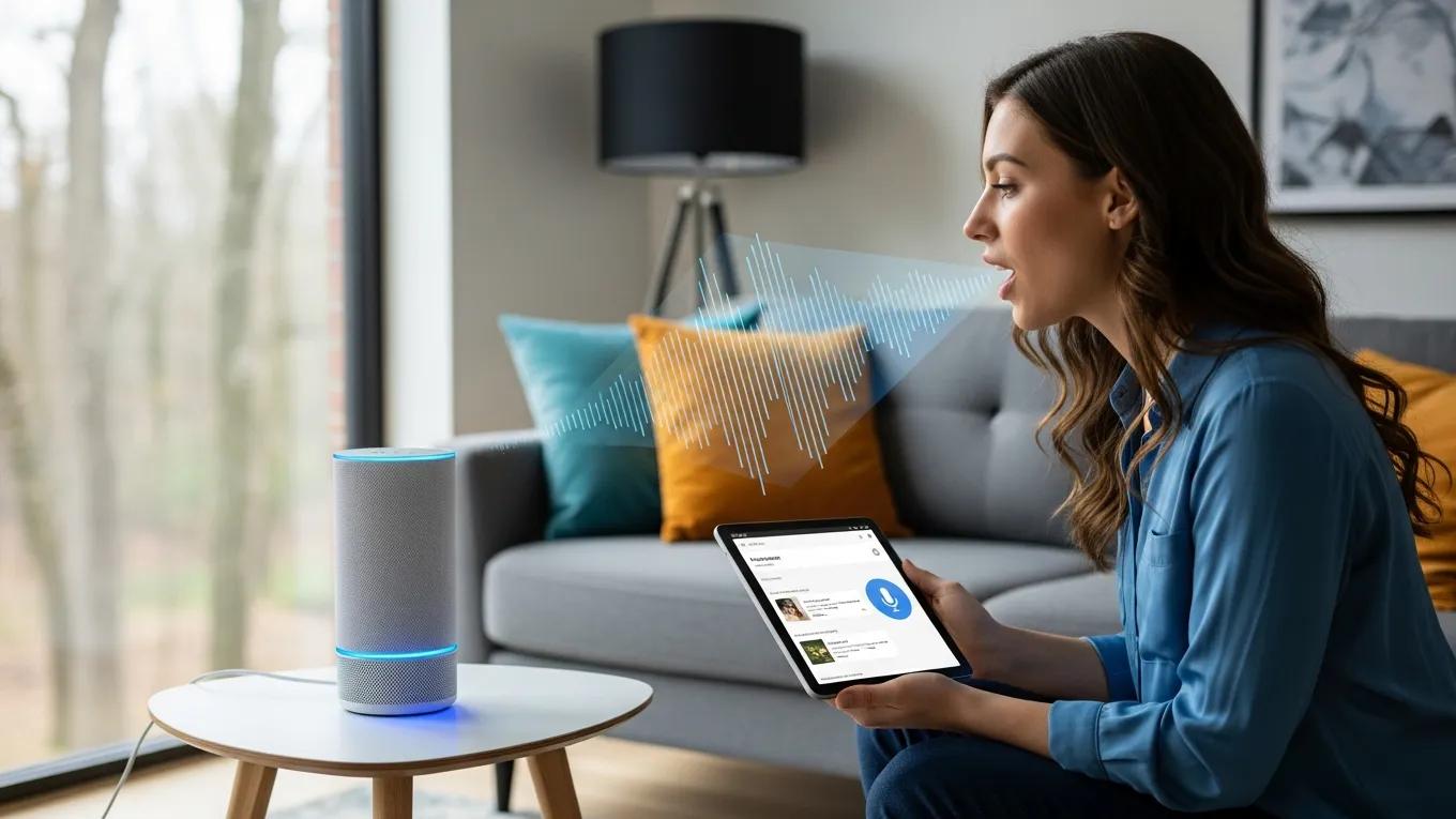 Person using a voice-activated device, illustrating voice search optimization in a modern home setting