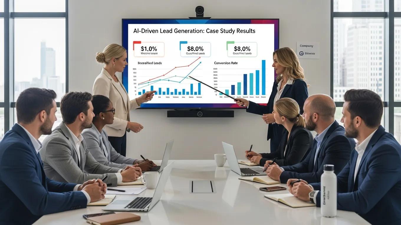 Sales leaders discussing successful AI-driven lead generation case studies in a business meeting — AI-driven lead generation strategy 2026