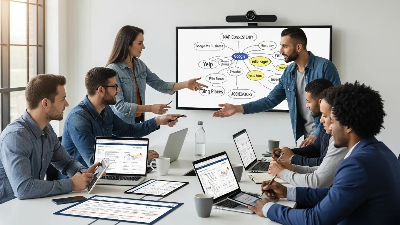 Team discussing strategies for maintaining citation consistency in local SEO &mdash; citations GEO generative engine optimization strategy