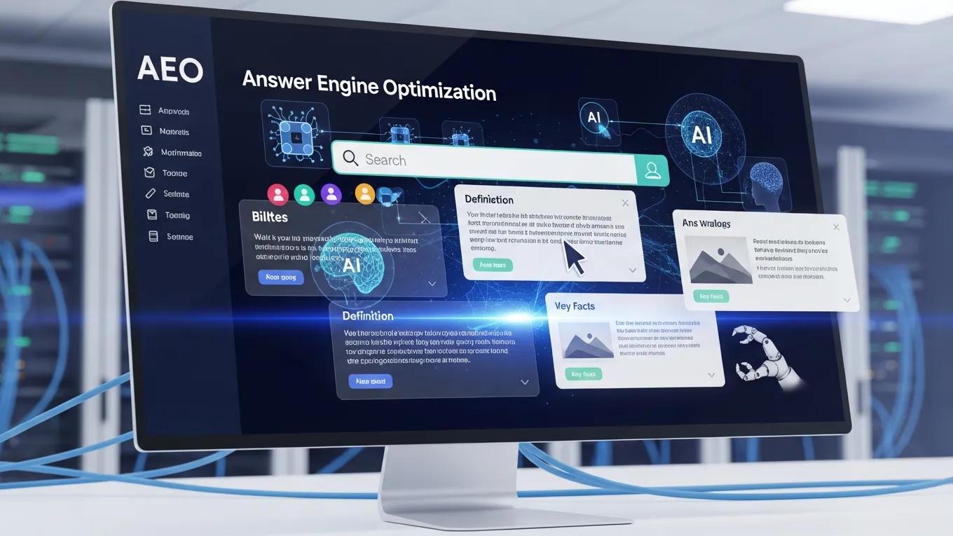 Visual representation of Answer Engine Optimization with digital search elements and AI icons