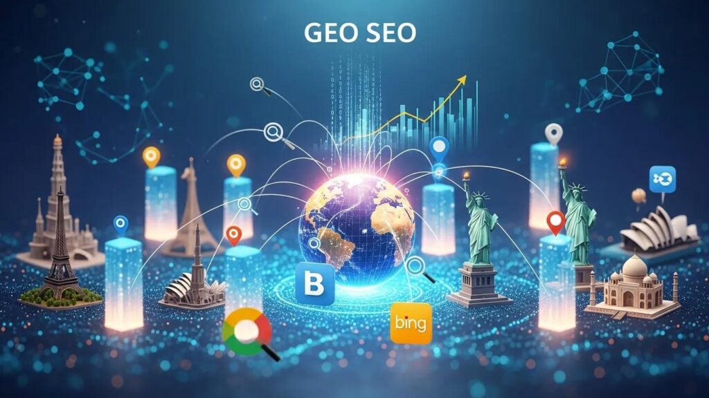 Globe with local landmarks illustrating geographic search engine optimization (GEO) and AI-driven lead generation.