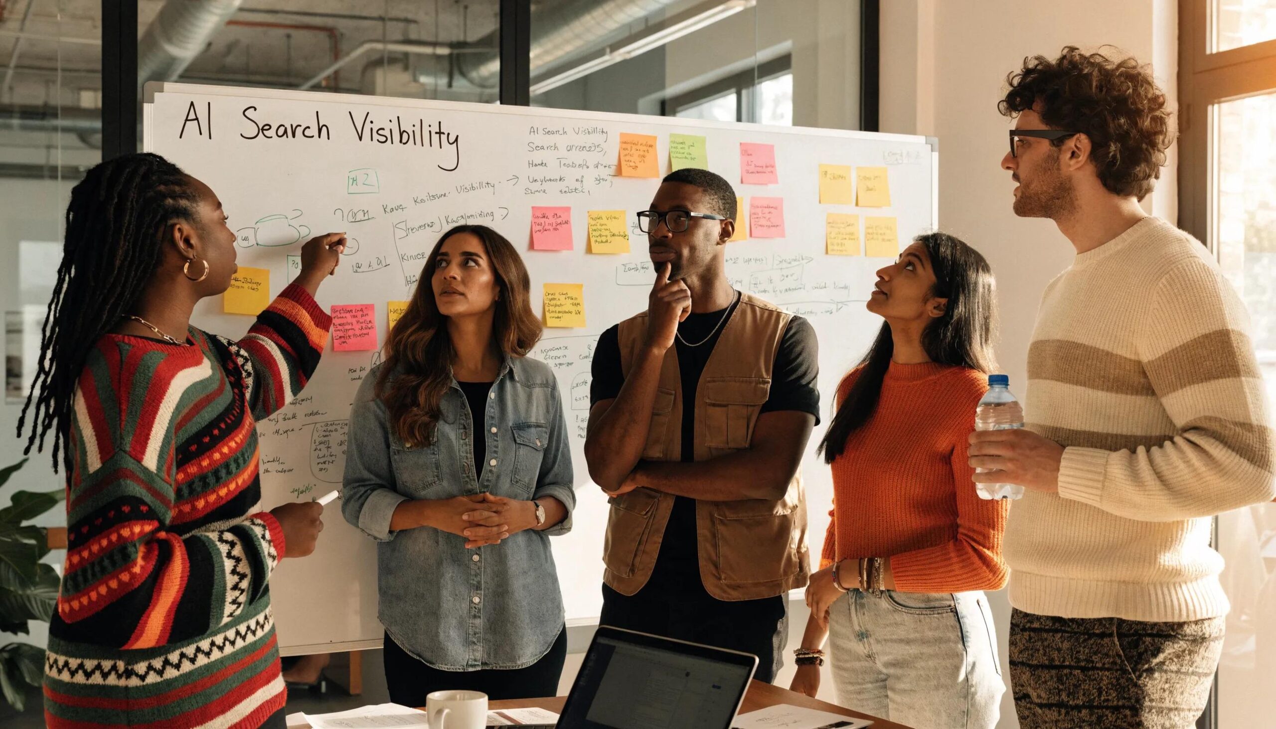 Marketing team engaging in brainstorming for ongoing improvements in Competitor Tracking and Share of Voice in AI Search