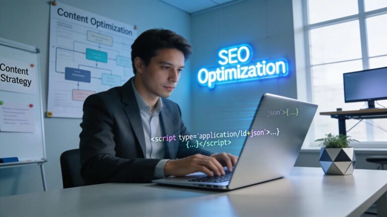 Digital marketing professional engaging with schema markup on a laptop