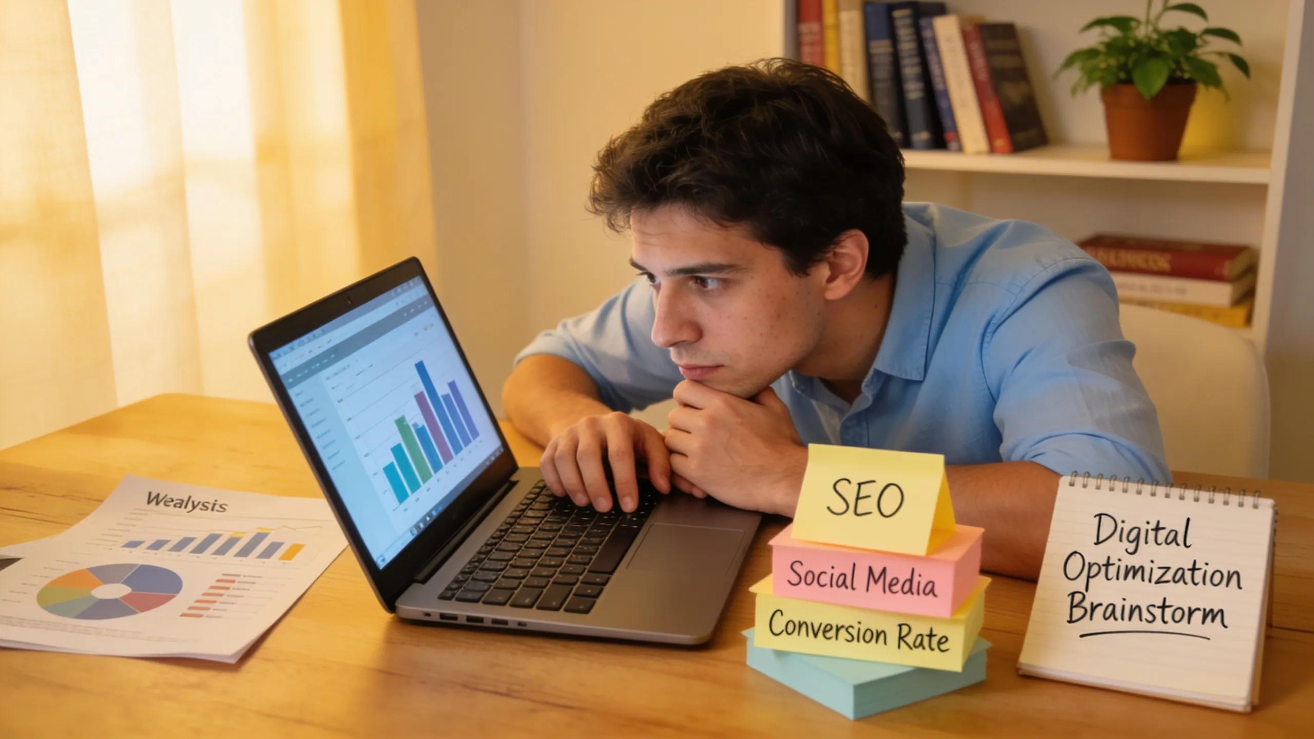 Individual analyzing marketing data and strategizing in a cozy office setup