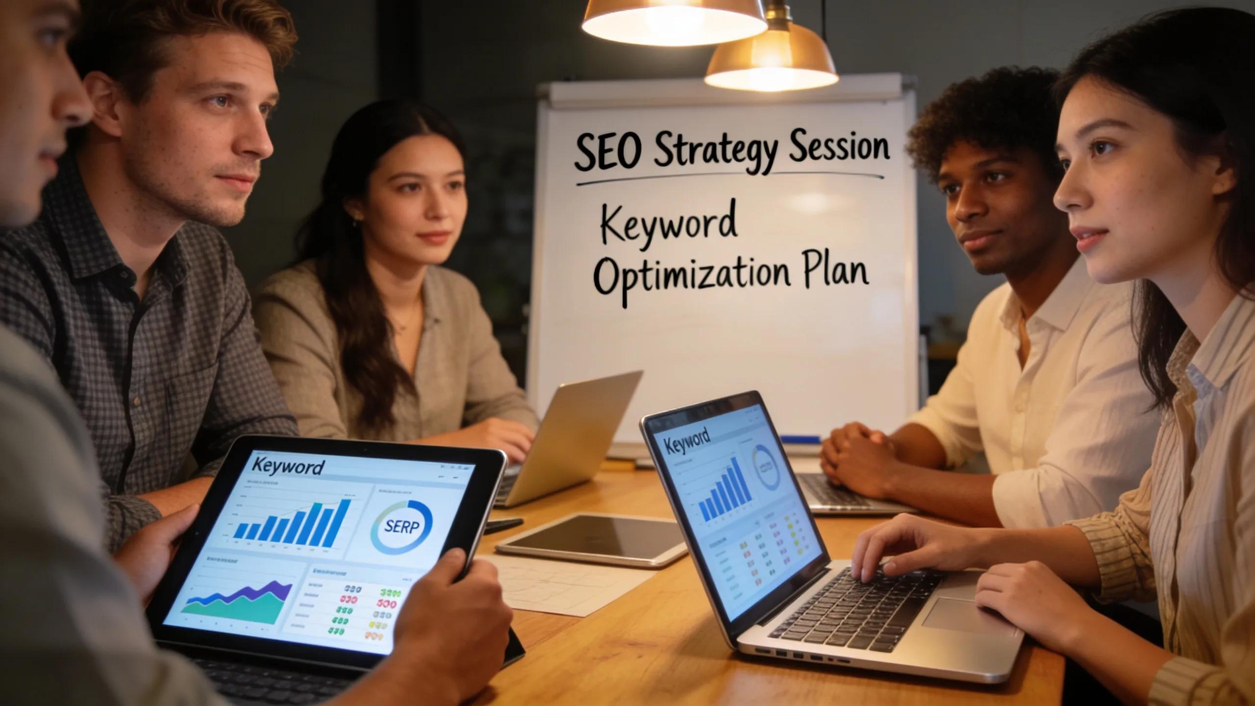Diverse team collaborating on SEO strategies in a modern office setting