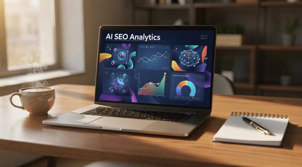 Modern workspace with a laptop, reflecting generative engine optimization and AI engagement.
