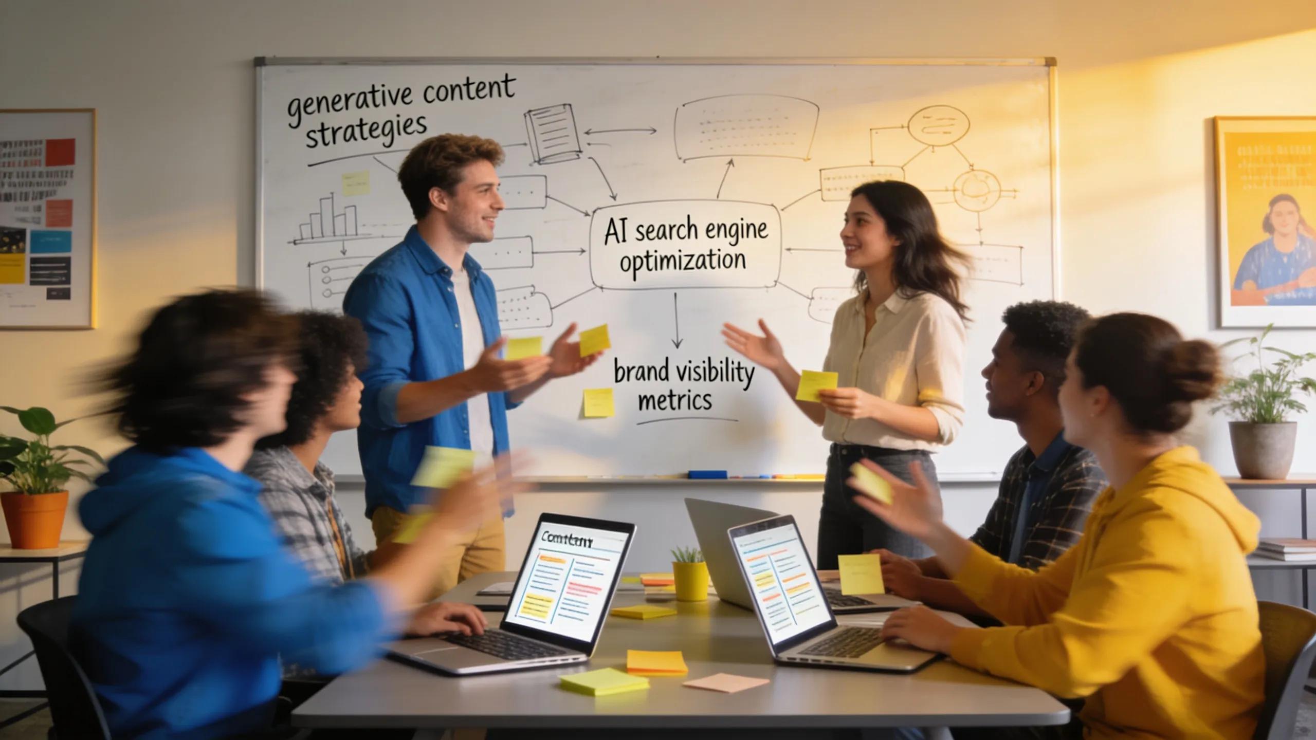 A creative team collaborating and brainstorming strategies for generative engine optimization to enhance AI search brand visibility.