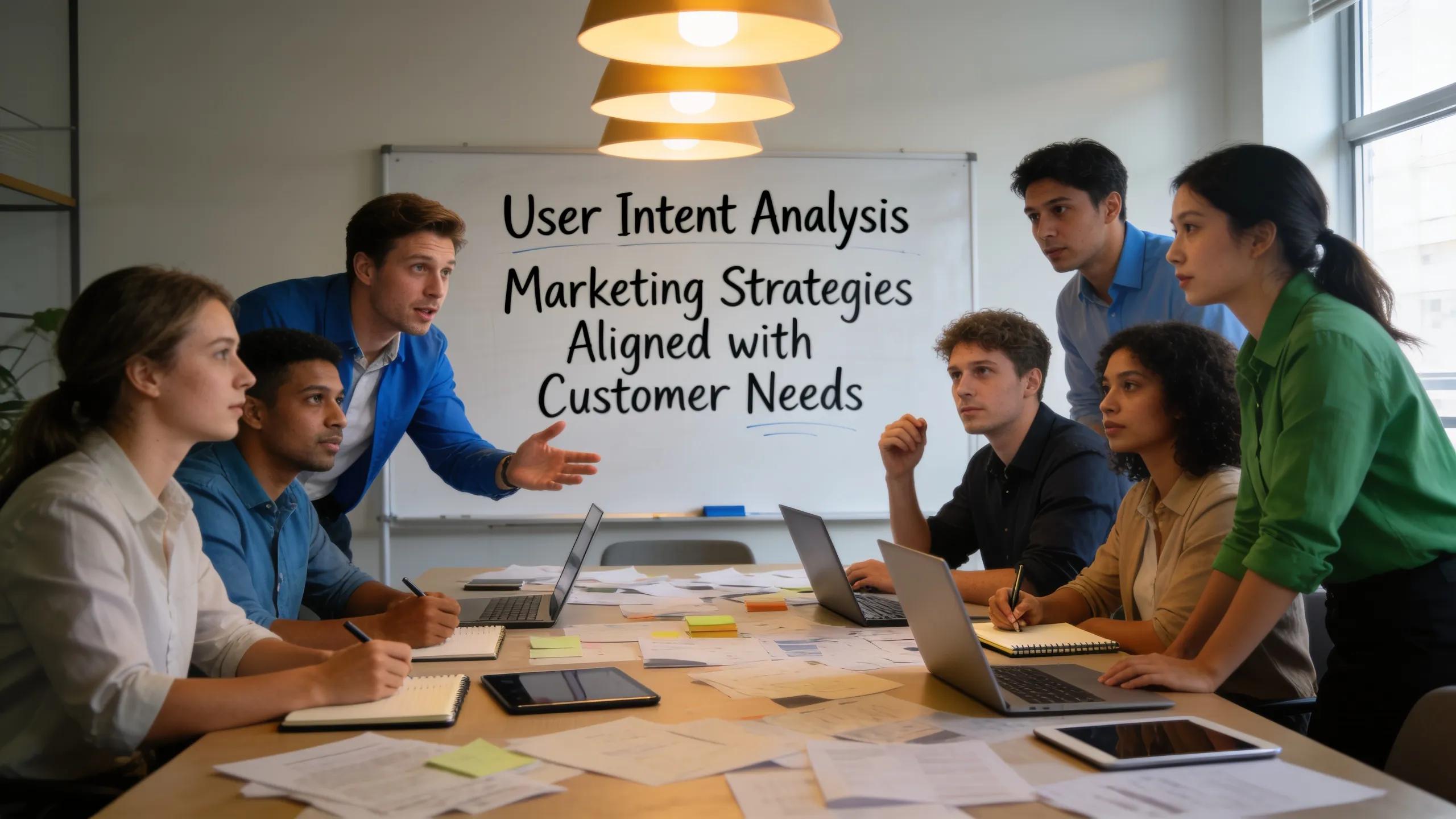 Marketing team collaborating on user intent analysis and content strategies for Apple Intelligence SEO.