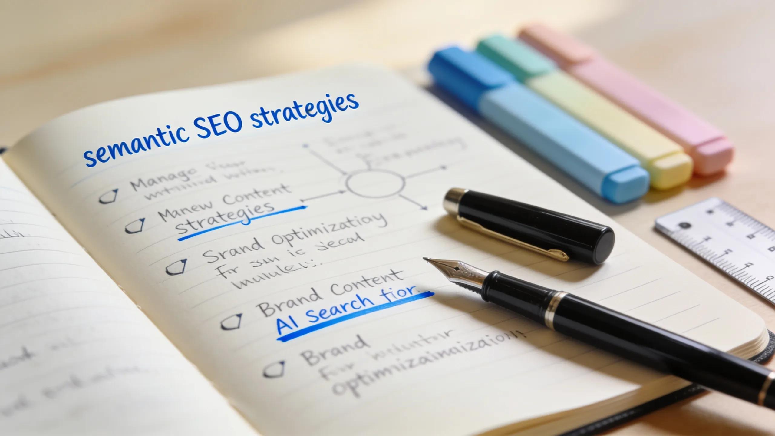 A notebook displaying organized notes on semantic SEO strategies and aesthetics, supporting content structuring for AI search engines.