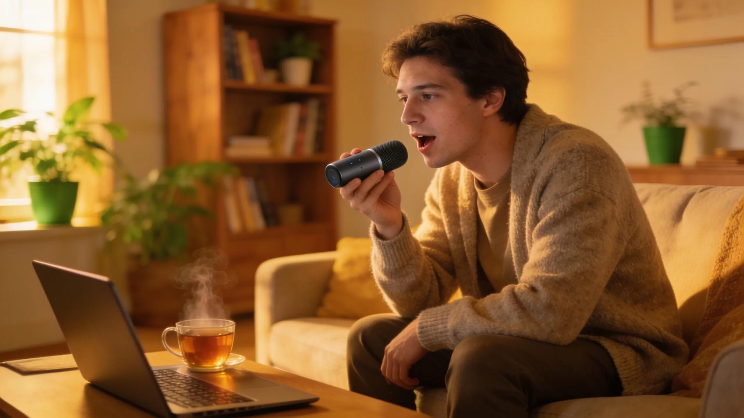User interacting with a voice assistant device in a cozy living room setting, highlighting AEO importance.