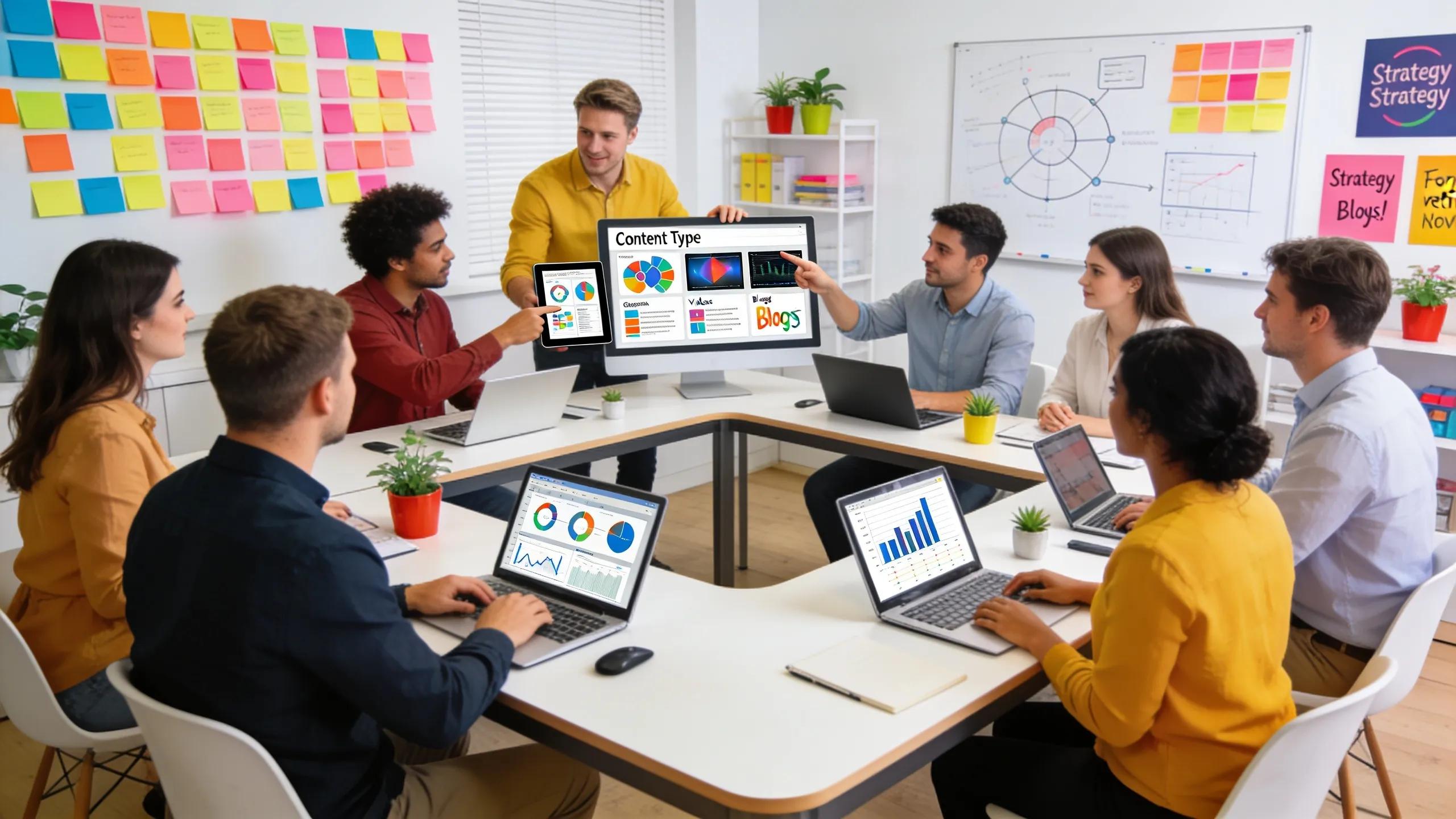 Marketing team discussing strategies for implementing Retrieval Augmented Generation in a bright workspace