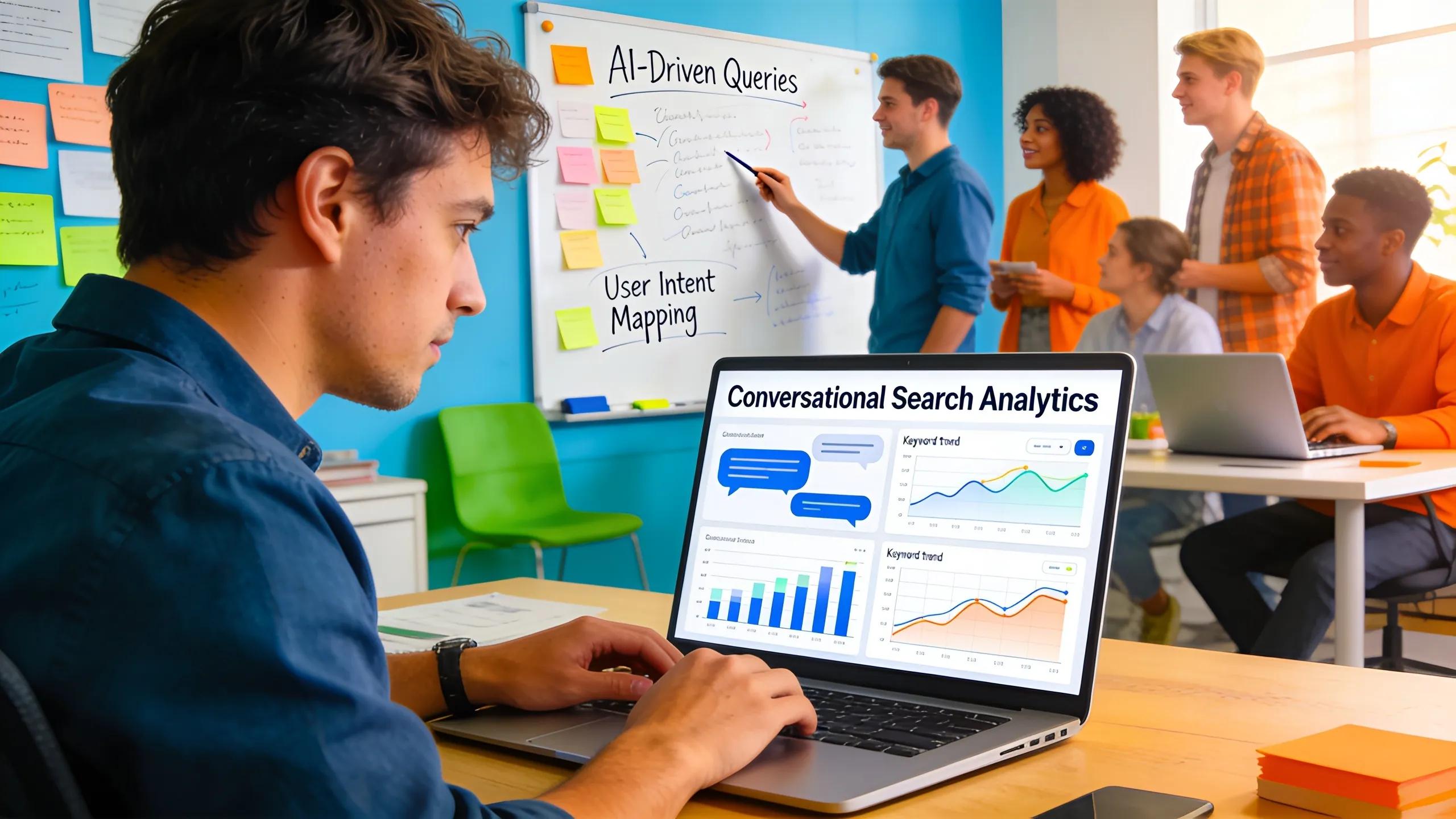 Digital marketing professional analyzing AI search data in a collaborative office setting
