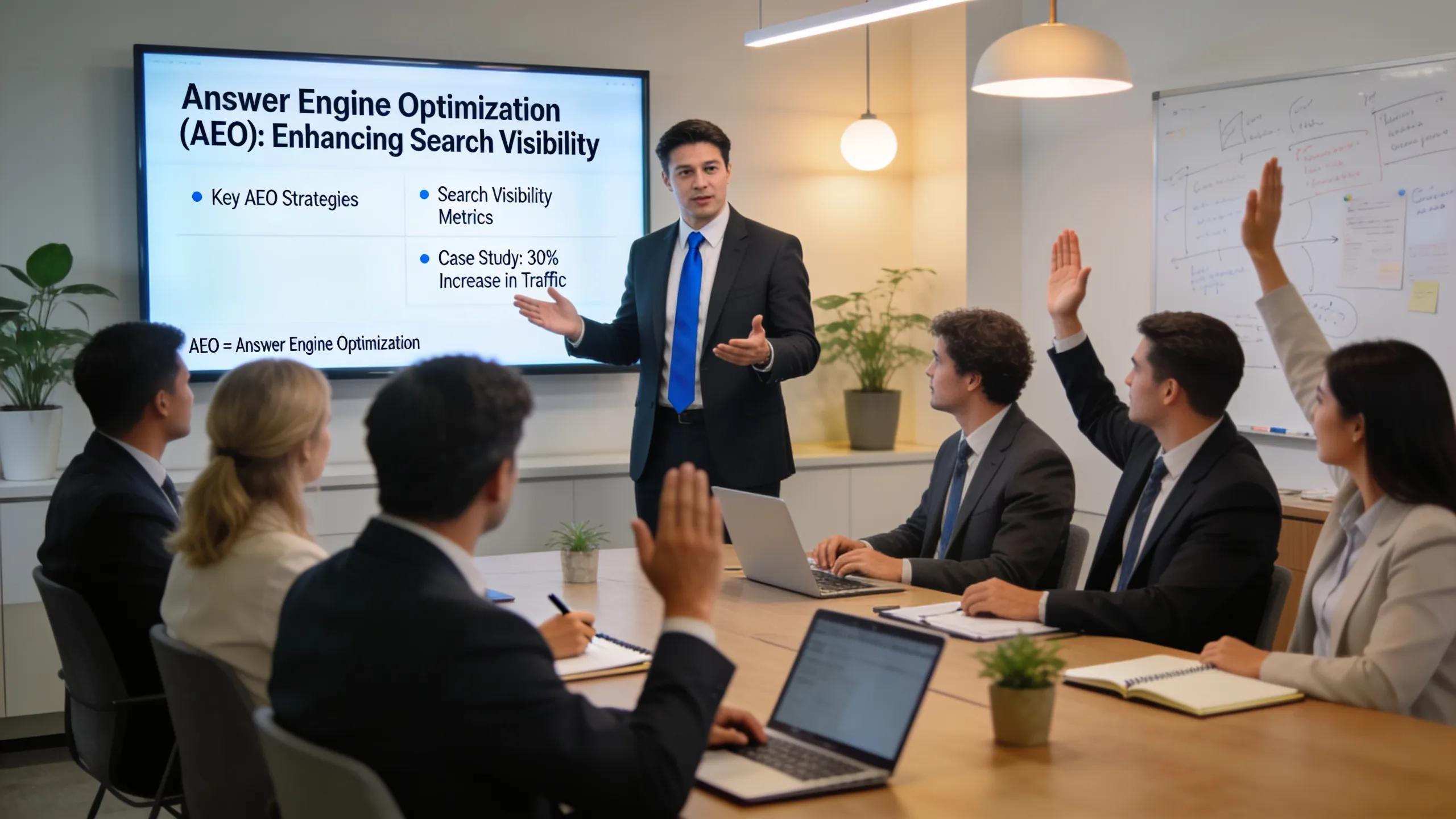 Professional presenting Answer Engine Optimization strategies to an engaged audience