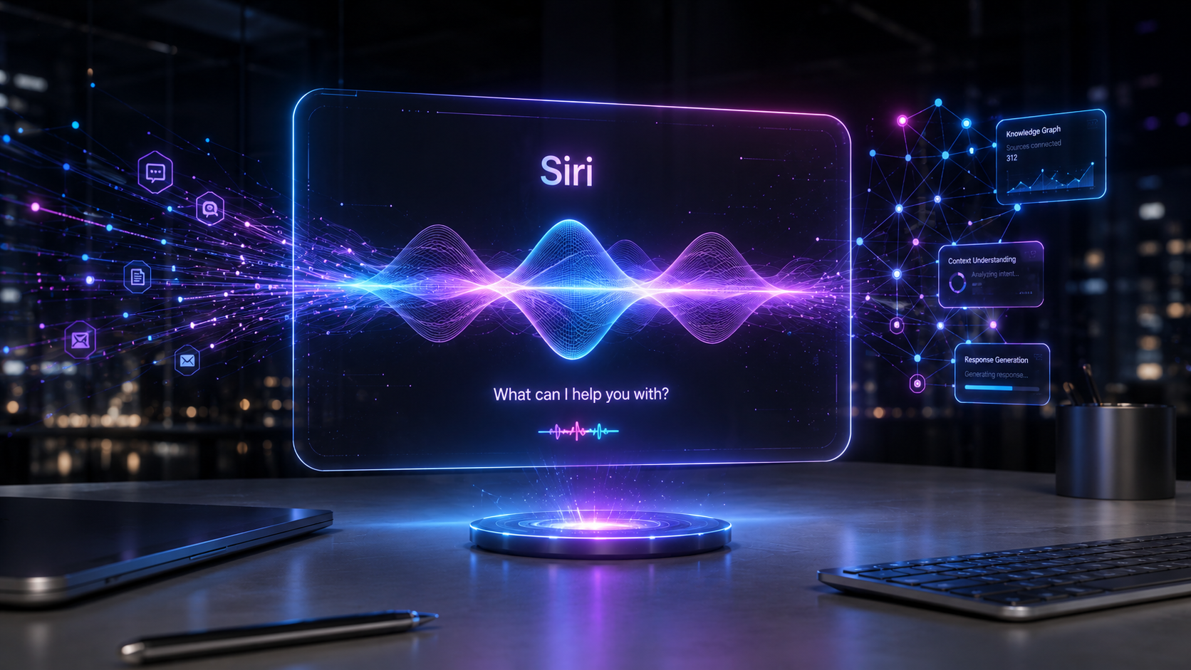Futuristic holographic interface visualizing Siri conversational search and Apple Intelligence, illustrating content optimization strategies.