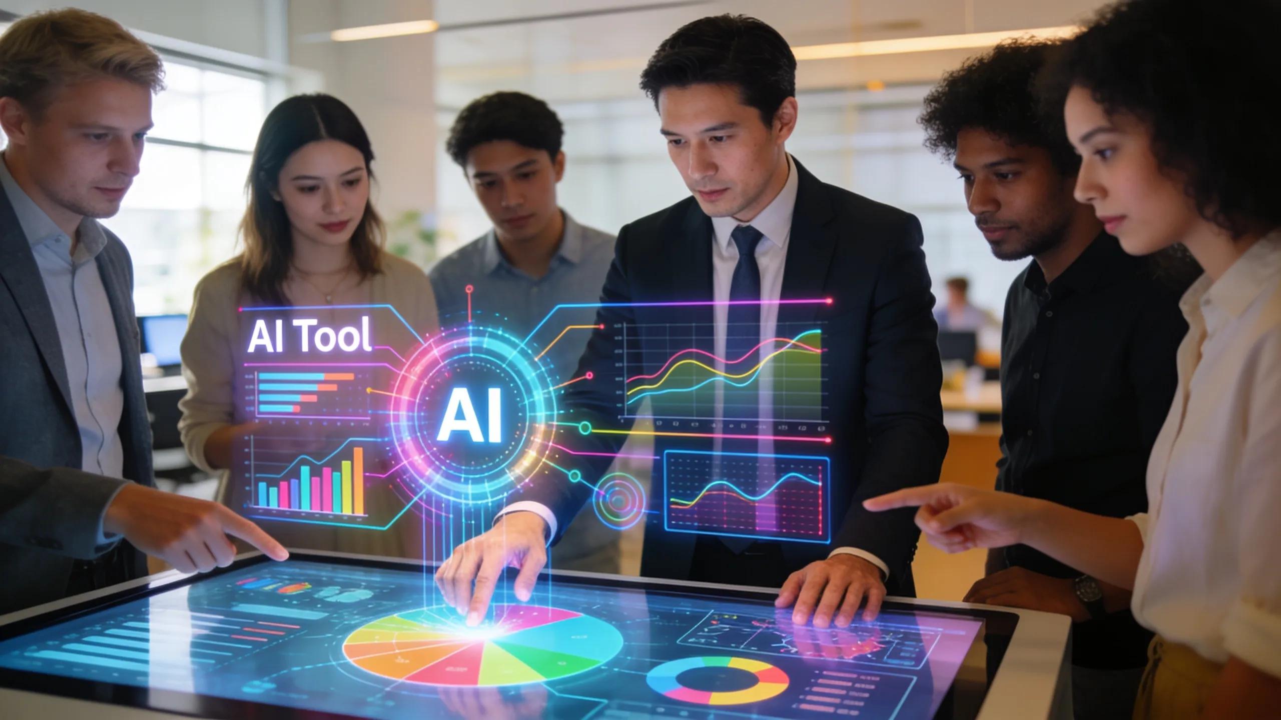 Team collaborating on AI technologies for generative engine optimization in a modern office.