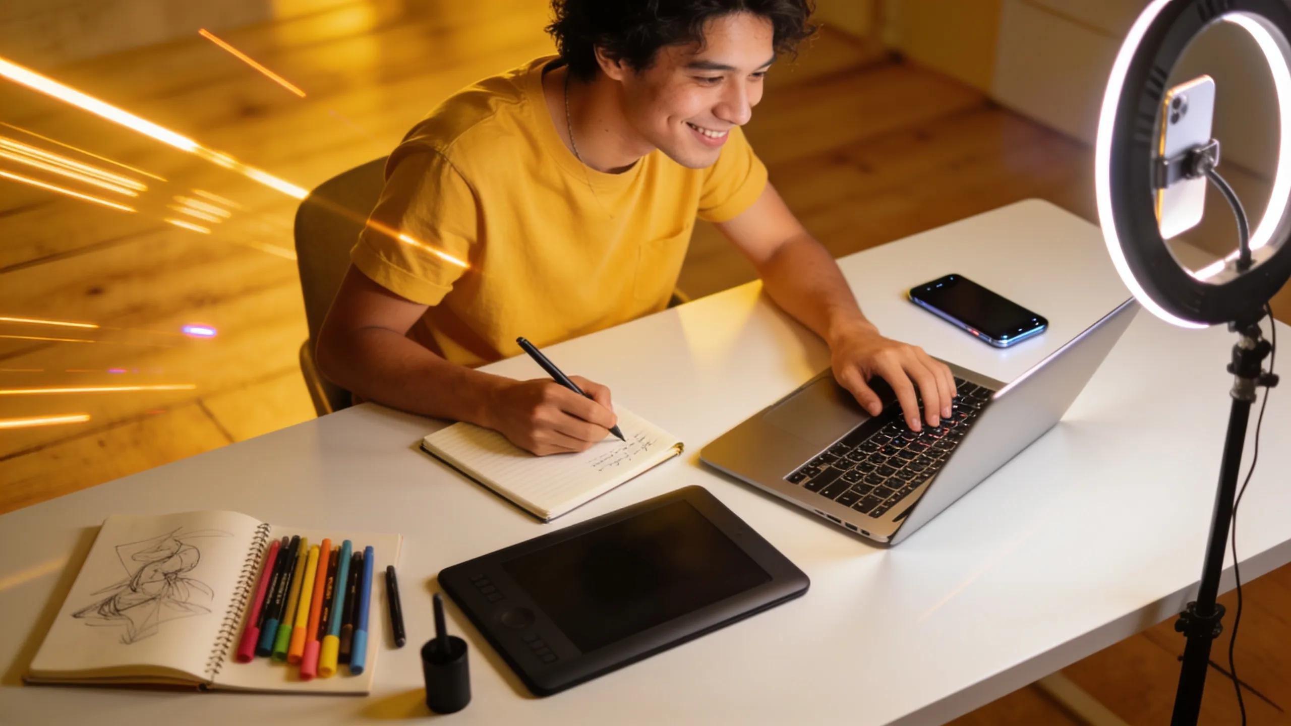 Content creator working on engaging generative marketing content at a trendy desk