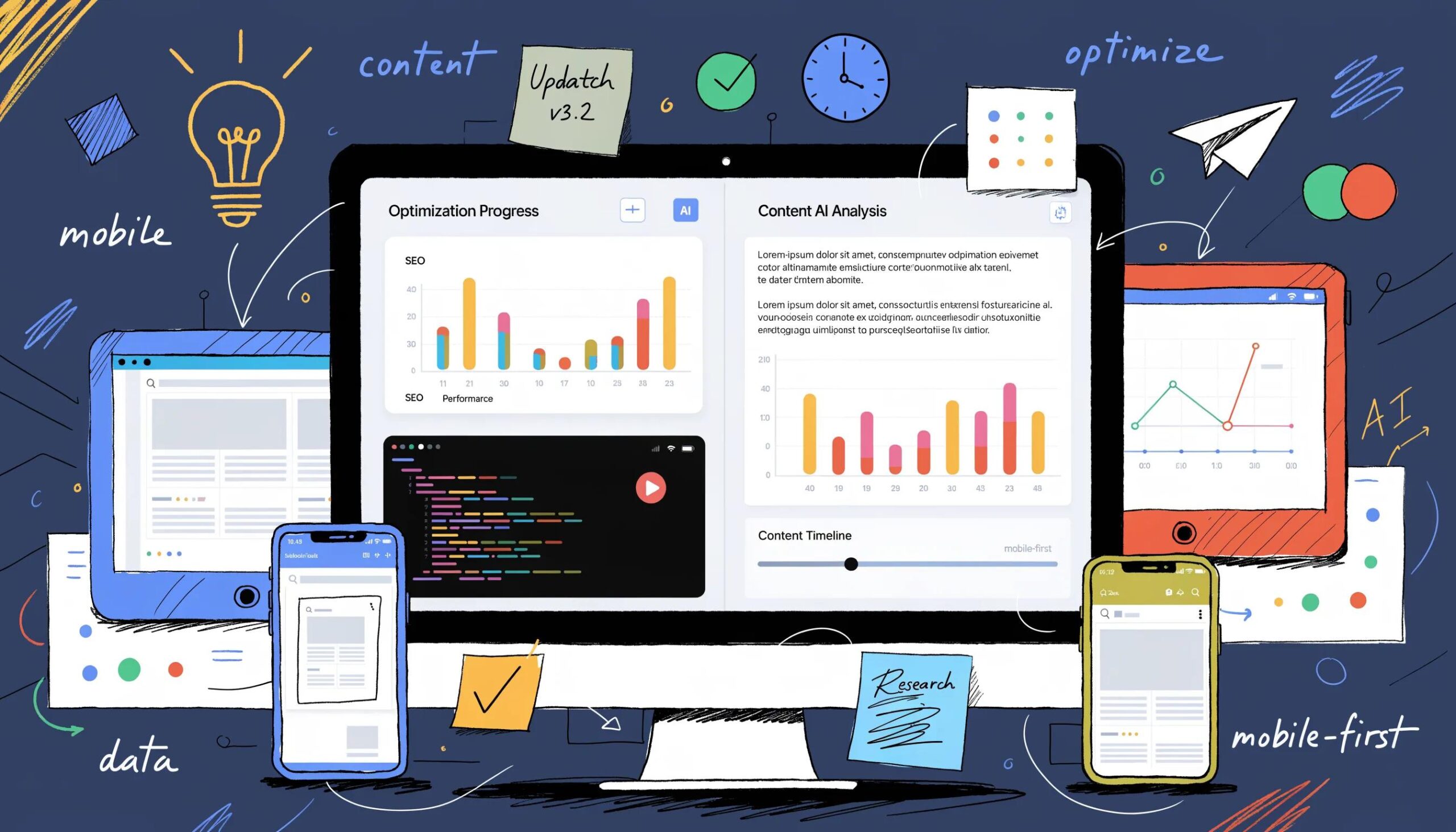 Digital devices and charts visualizing Apple Intelligence SEO performance and content analysis.