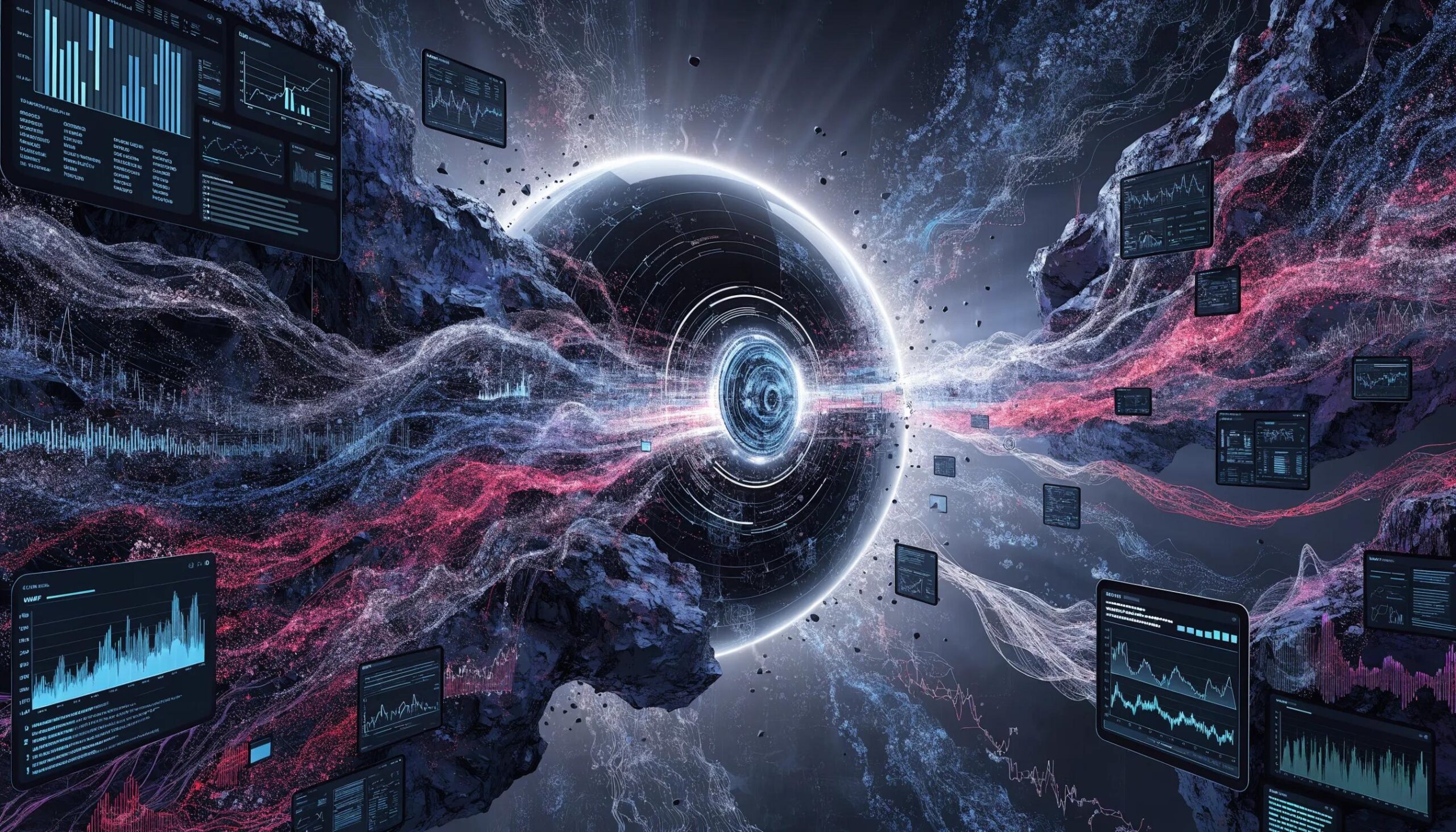 Image symbolizing cybersecurity in AI traffic management with a digital shield and tech devices in the background