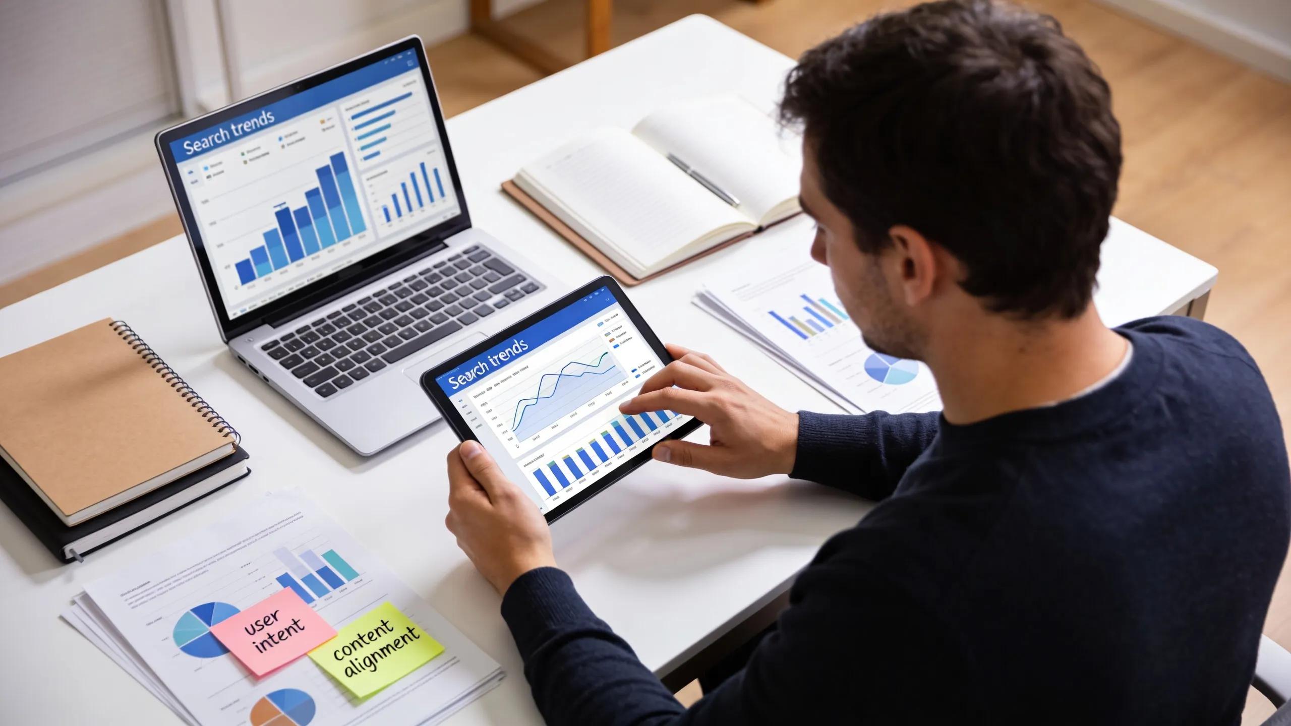 Man analyzing search trends data on laptop and tablet illustrating AI search optimization strategies.