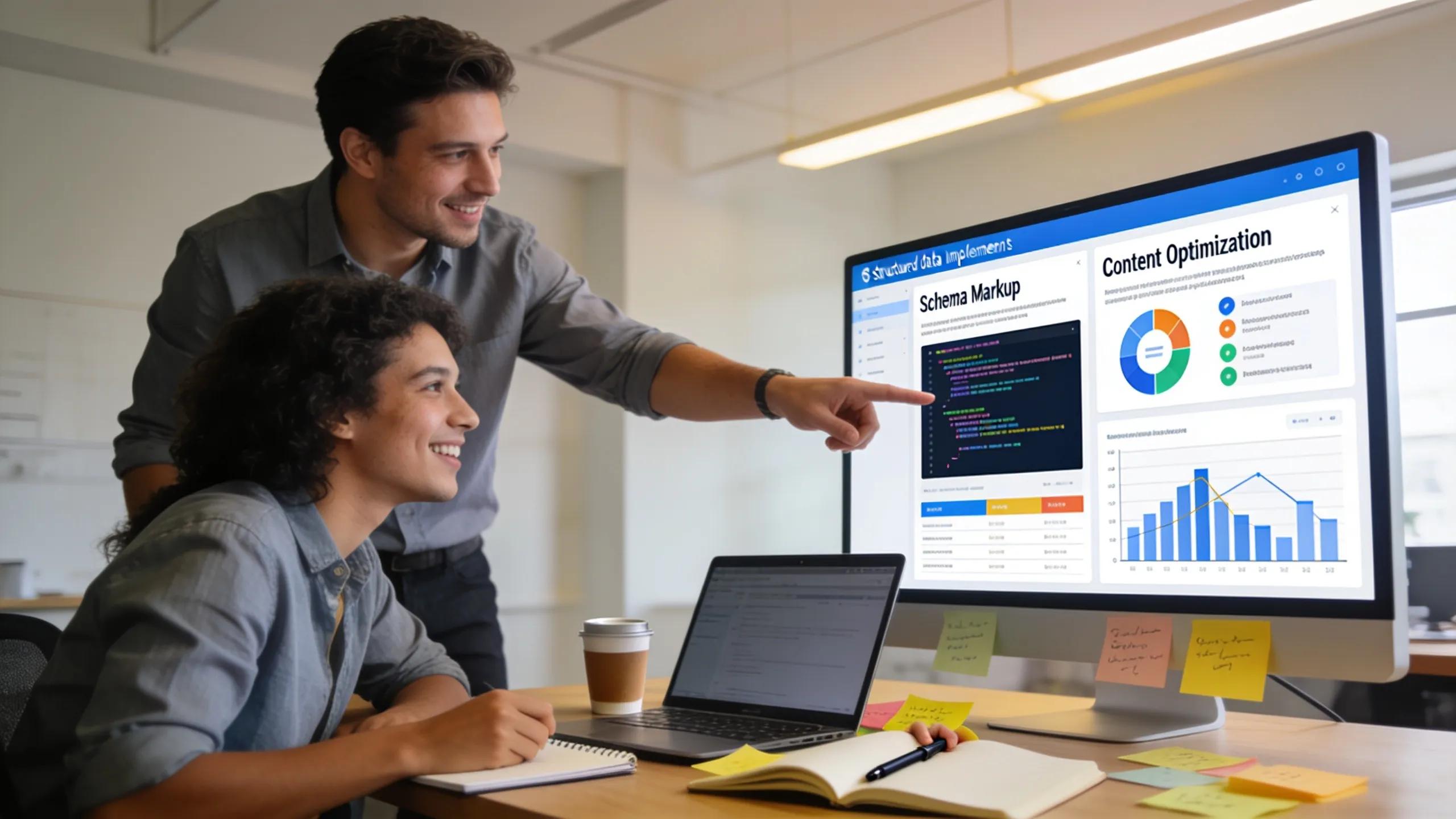 Team collaborating on content optimization dashboard showcasing schema markup and structured data implementation.