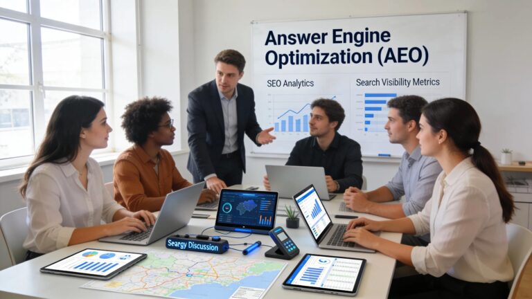 Diverse marketing team collaborating on Answer Engine Optimization strategies in a modern office environment