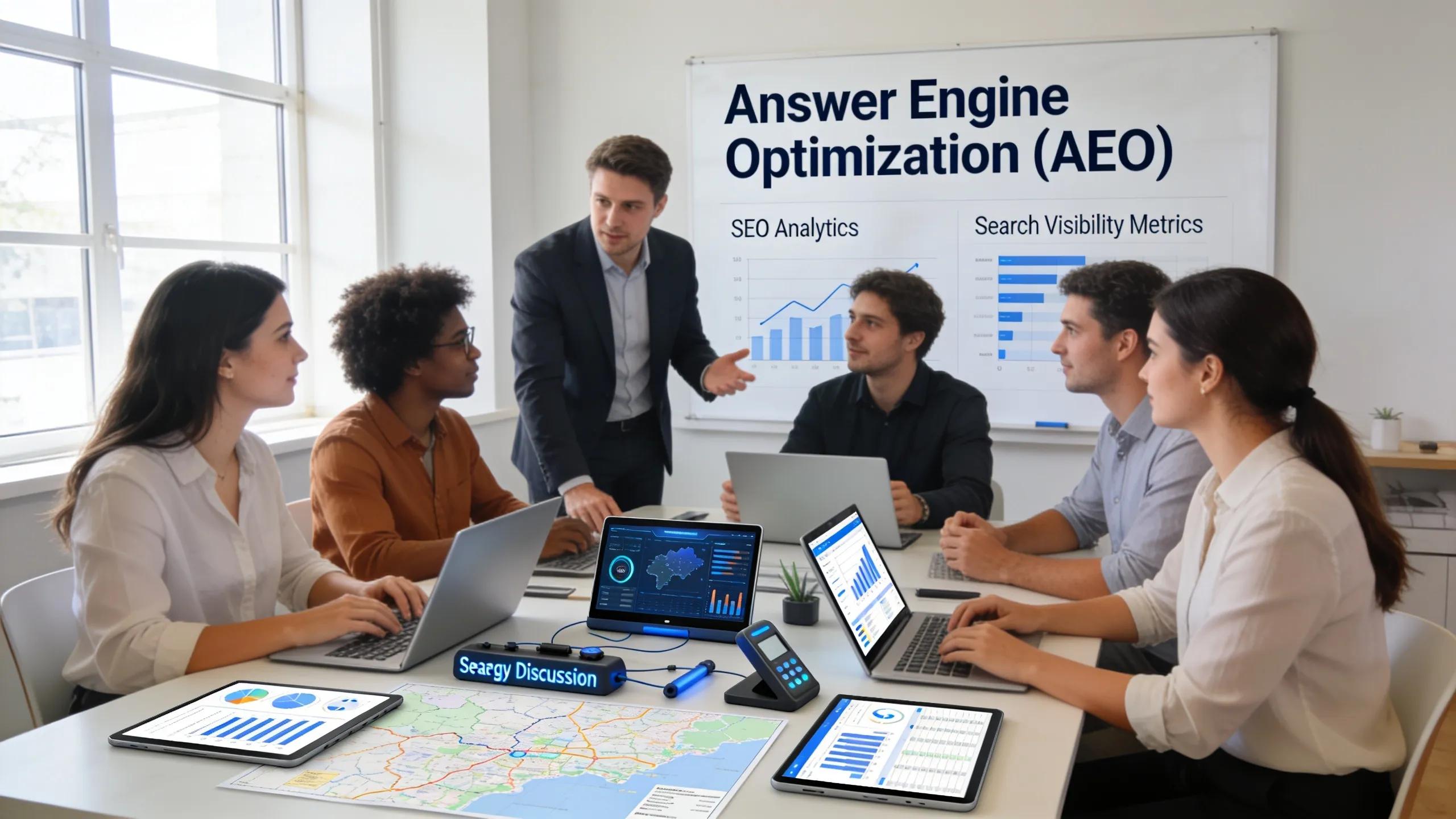 Diverse marketing team collaborating on Answer Engine Optimization strategies in a modern office environment