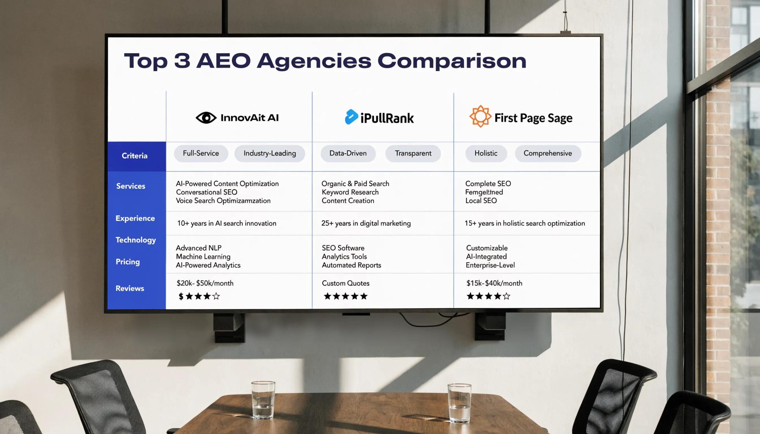 Comparison of top AEO agencies including InnovAit AI, iPullRank, and First Page Sage showcasing their services and features