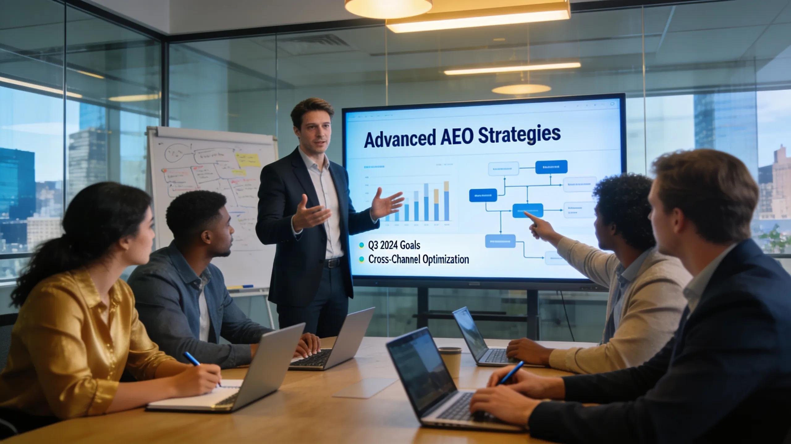 Marketing strategist presenting advanced Answer Engine Optimization strategies in a collaborative team setting