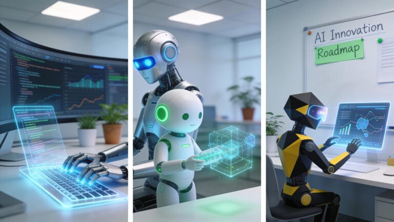 Image depicting AI technologies interacting in a modern digital workspace, focusing on GPTBot, ClaudeBot, and PerplexityBot