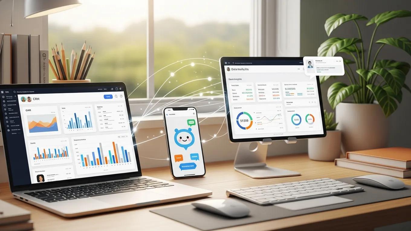 AI tools for growth—CRM, chatbots, and analytics—shown in a modern workspace