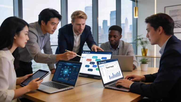 A diverse team working together on digital devices, representing strategies for AI search optimization.