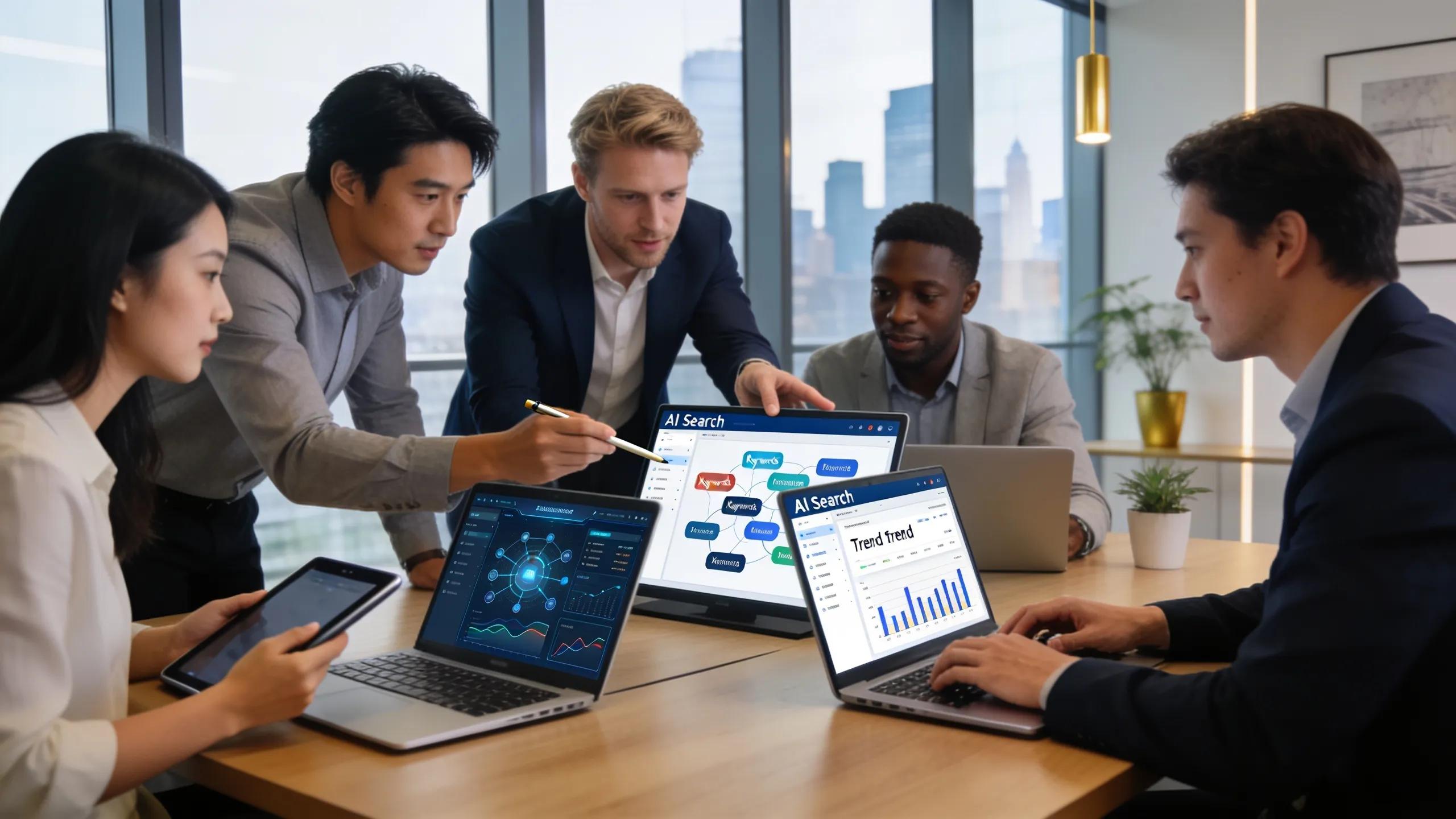 Team collaborating around laptops and tablet displaying AI search engine optimization strategies and trend data.