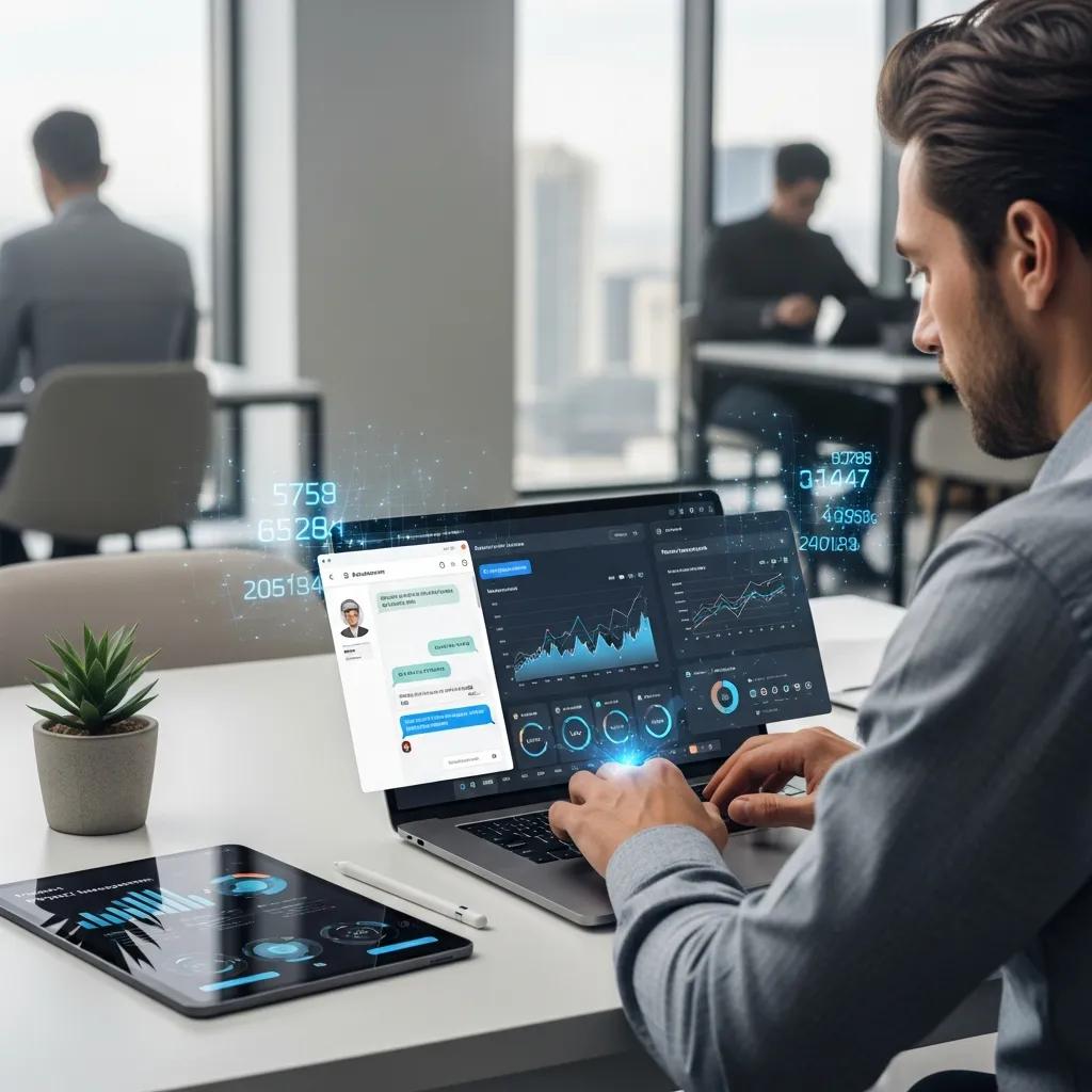 Business professional utilizing AI-driven tools and automation for data analysis and business optimization.