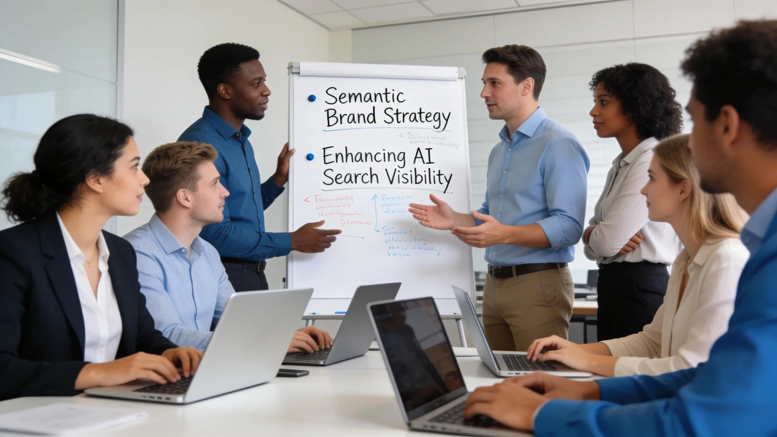 Professionals collaborating on semantic brand strategies to enhance AI visibility