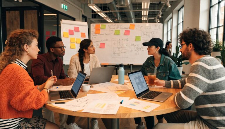 Group of professionals collaborating on search optimization strategies in a modern office setting
