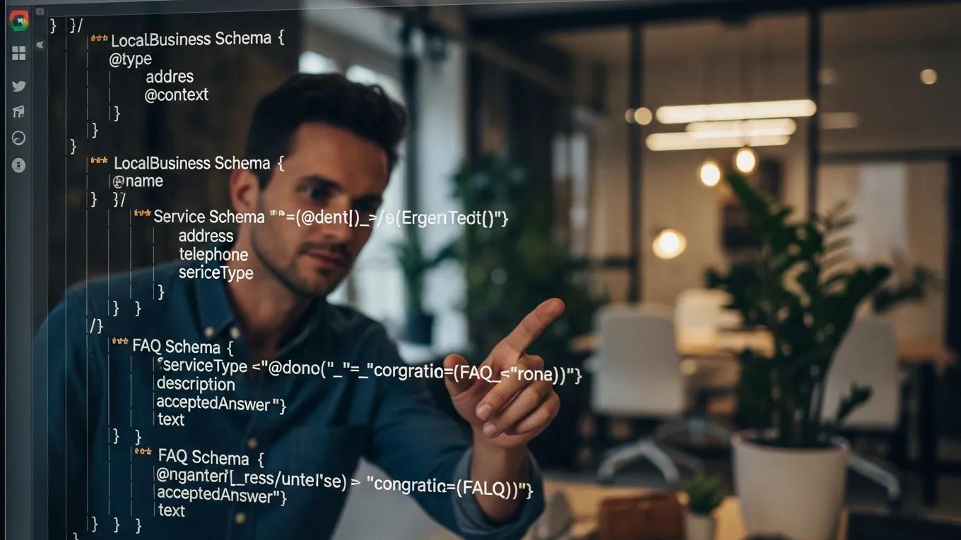 Contractor reviewing schema markup code for AI search visibility enhancement and structured data implementation.