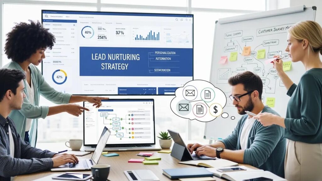 Marketing team collaborating on automated lead-nurturing best practices