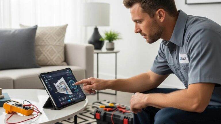 Home service contractor utilizing AI technology for search optimization in a modern home environment