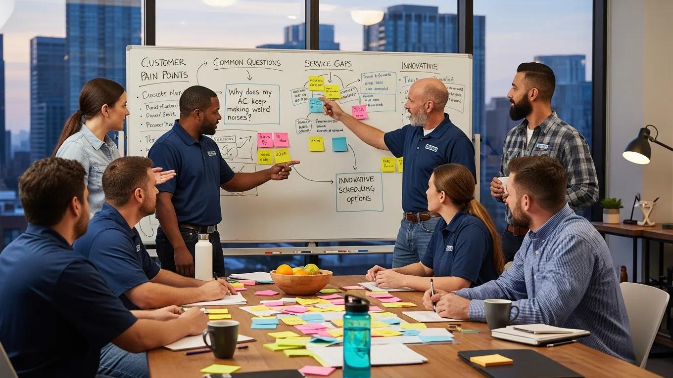 Home service contractors collaborating on deep question research for AI search optimization and Answer Engine